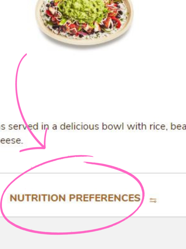 nutrition preferences button on chipotle's website
