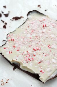 gluten free peppermint bark on white parchment