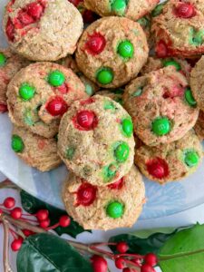 gluten free m&m cookies on christmas plate