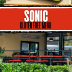 The top has a photo of the Sonic Drive In sign and the bottom has a photo of the exterior of a Sonic restaurant with picnic tables. In the middle is a text overlay that says 'Sonic Gluten Free Menu'