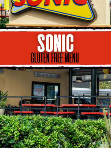 The top has a photo of the Sonic Drive In sign and the bottom has a photo of the exterior of a Sonic restaurant with picnic tables. In the middle is a text overlay that says 'Sonic Gluten Free Menu'