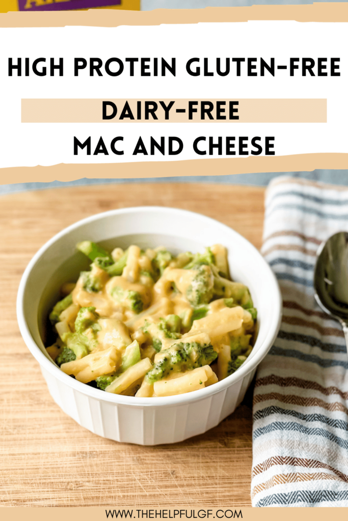 pin image with a bowl of mac and cheese with brocolli with pin text high protein gluten-free dairy-free mac and cheese
