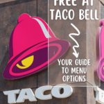 A close-up photo of the Taco Bell sign on a building with a text overlay that reads Gluten Free at Taco Bell with an arrow that points to the phrase Your Guide to Menu Options