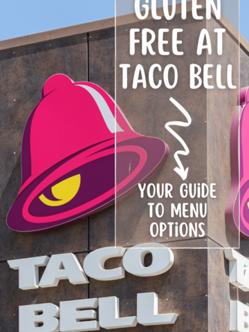 A close-up photo of the Taco Bell sign on a building with a text overlay that reads Gluten Free at Taco Bell with an arrow that points to the phrase Your Guide to Menu Options