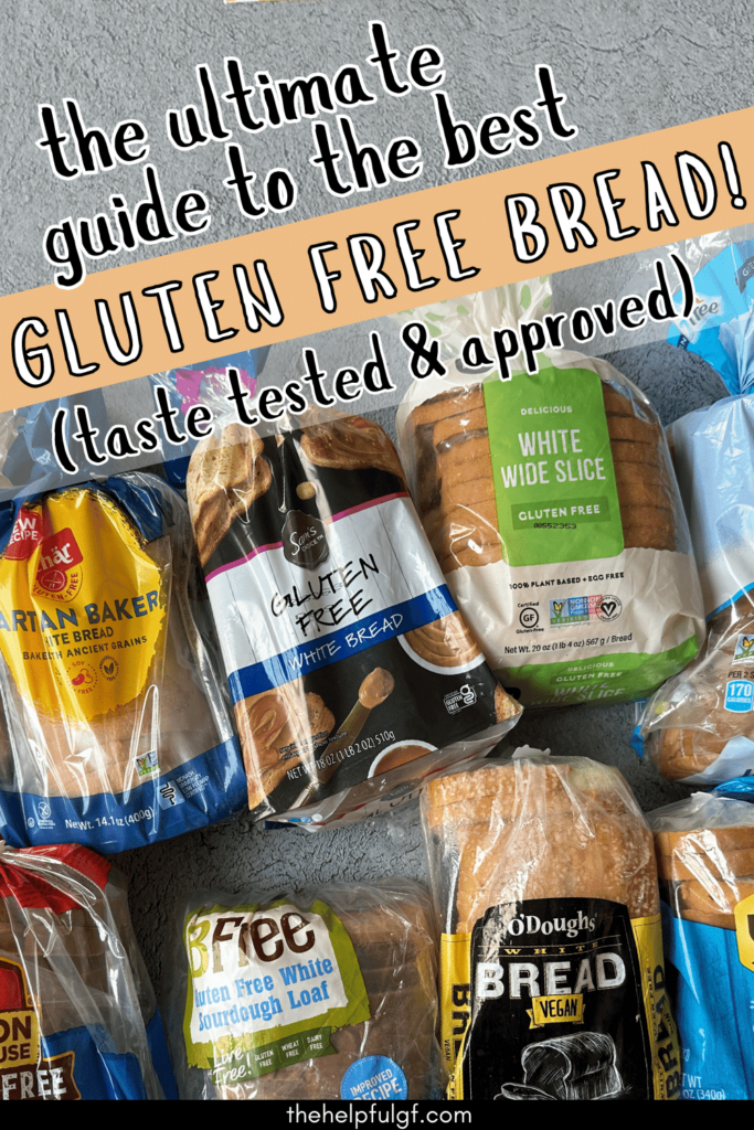 pin image with 9 different loaves of store bought gluten free bread with pin text the ultimate guide to the best gluten free bread taste test & approved