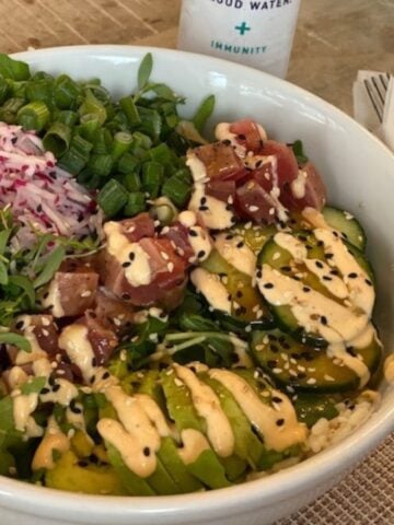 gluten free poke bowl with cloud water from Pura Vida in West Palm Beach Florida