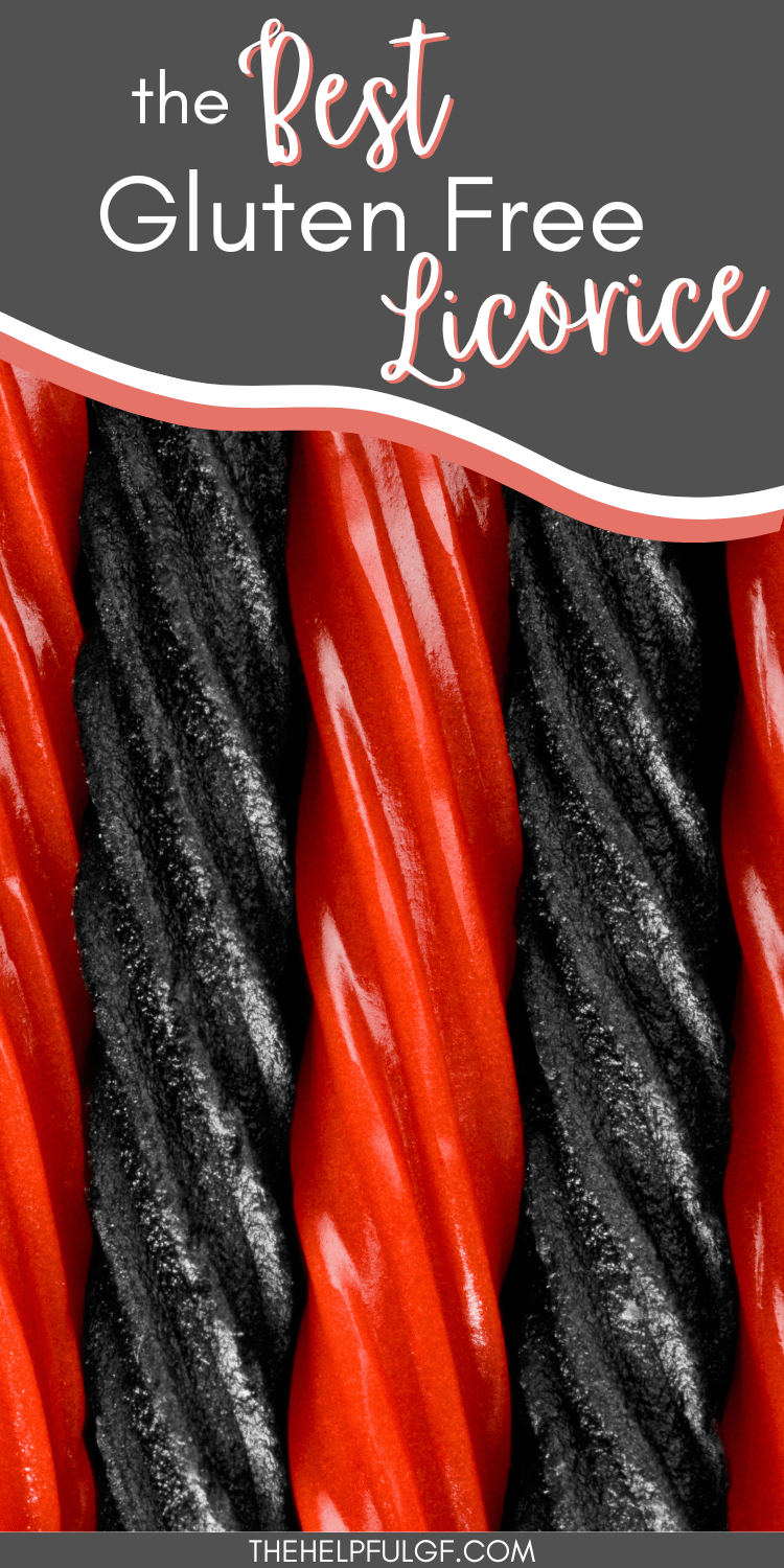 Alternating red and black licorice sticks are lined up in a row with a text overlay at the top that says the Best Gluten Free Licorice