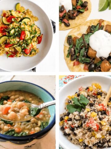 gallery of four gluten free vegetarian dinner ideas: risotto, tacos, soup, and salad