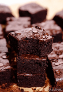 stack of low carb brownies with chocolate chips