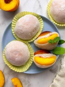 homemade peach mochi in yellow cupcake liners