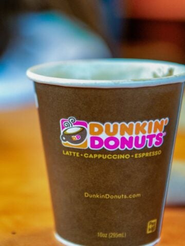 Close-up of a Dunkin' Donuts coffee cup