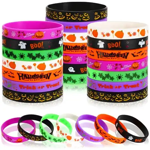 JUNEBRUSHS 42pcs Halloween Party Favors Silicone Bracelets Rubber Wristbands for Halloween Party Decorations Accessories Trick or Treat Goodie Bag Stuffers Fillers Supplies(7 Designs)