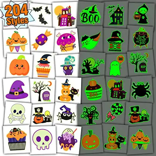 Partywind Individually Wrapped Sheets Glow Halloween Tattoos for Kids, 204 PCS