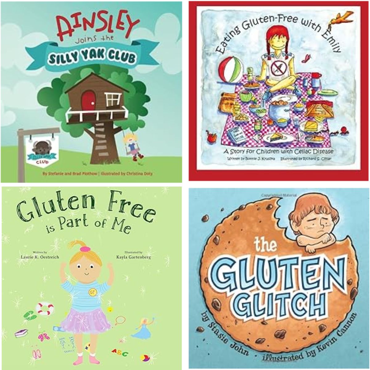 collage of 4 childrens books about gluten free and celiac