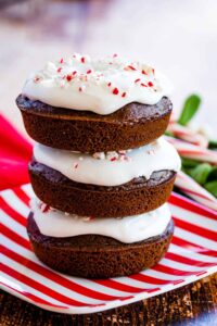 gluten free peppermint chocolate donuts stacked