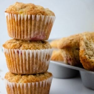 thumbnail image for stack of three healthy strawberry banana muffins