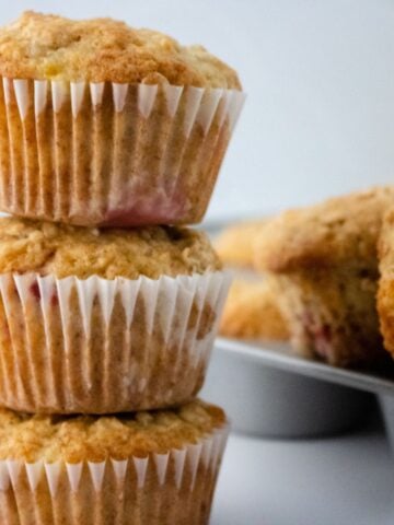 thumbnail image for stack of three healthy strawberry banana muffins