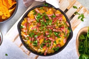 hot bison cheeseburger dip in skillet