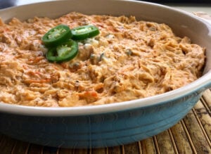 buffalo chicken dip in casserole dish