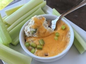 easy cheesy chicken dip in bowl with celery