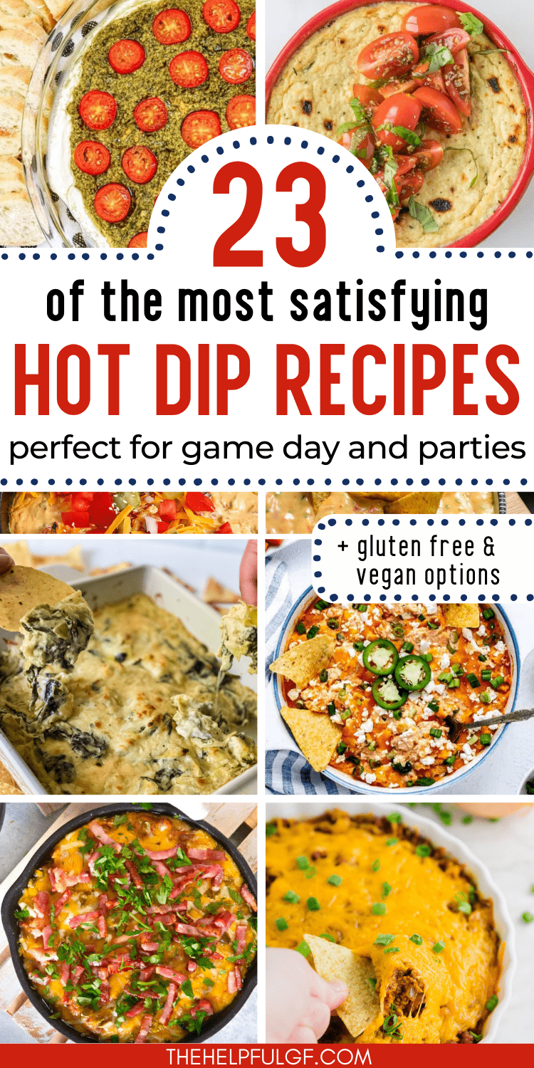 pin image with collage of gluten free hot dips