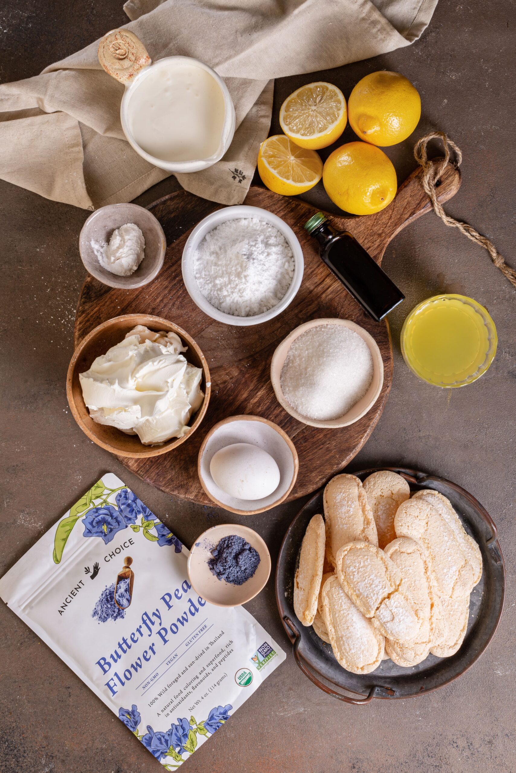 ingredients for butterfly pea lemon tiramisu